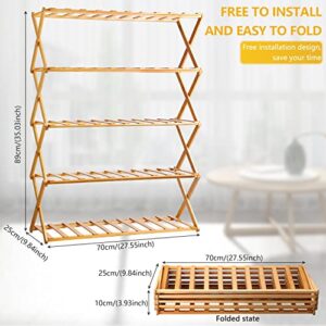 SAISN 5 Tier Wooden Shoe Rack Bamboo Shoes Storage Shelf Stackable Shoe Organizer Racks Multifunctional Free Standing Shoe Shelf Free Installation Foldable Shoe Stand for Entryway Hallway (Natural)