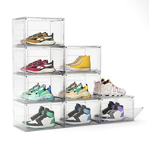 FUNLAX Shoe Storage Box, 8 Pack Clear Plastic Shoe Organizer Stackable Shoe Box Drop Front Shoe Containers Bins for Display Fit up to US Size 13