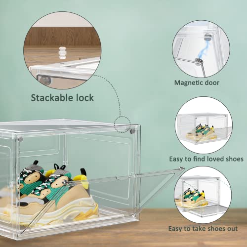 FUNLAX Shoe Storage Box, 8 Pack Clear Plastic Shoe Organizer Stackable Shoe Box Drop Front Shoe Containers Bins for Display Fit up to US Size 13