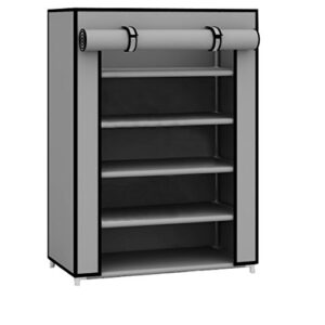 Sunbeam Multipurpose Portable Wardrobe Storage Closet For Shoes and Clothing 5 Tier/Fits 15 Pairs of Shoes Heavy Duty Non Woven Material Gray With Roll Down Cover (Grey)