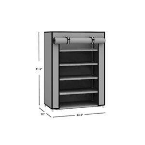 Sunbeam Multipurpose Portable Wardrobe Storage Closet For Shoes and Clothing 5 Tier/Fits 15 Pairs of Shoes Heavy Duty Non Woven Material Gray With Roll Down Cover (Grey)