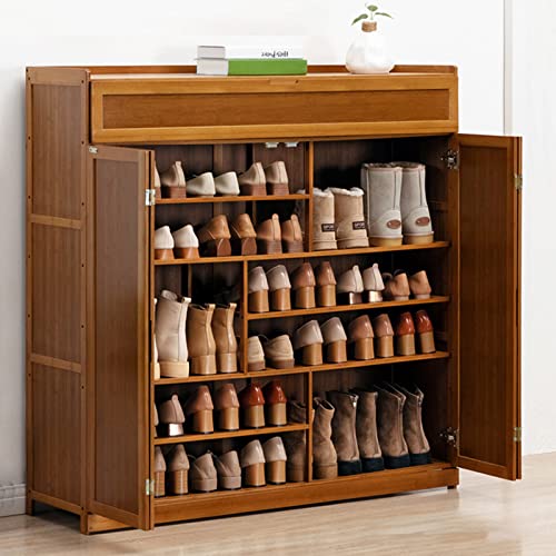 DNYSYSJ 7-Tier Shoe Organizer Cabinet with Folding Door Pull-Down Compartment, Bamboo Brown Shoe Floor Storage Organizer Rack for Entryway Living Room, 46" L x 13" W x 45.3" H