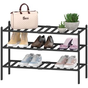 goramio 3 tier bamboo shoe rack - sturdy shoe rack for entryway, closet, hallway, living room - free standing small shoe shelf - premium stackable shoe storage organizer - 27''×11''×18'' - black