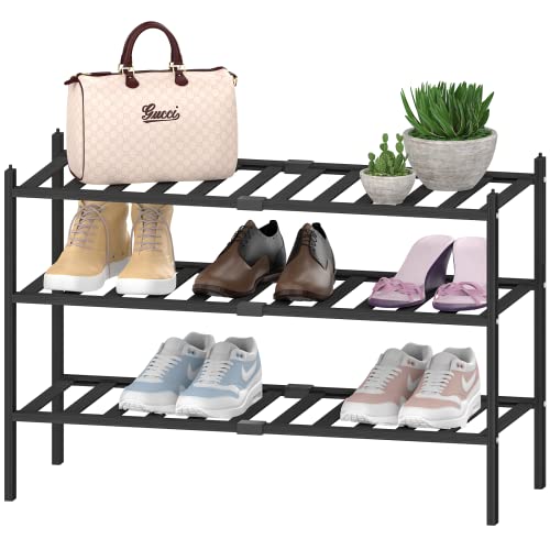 Goramio 3 Tier Bamboo Shoe Rack - Sturdy Shoe Rack for Entryway, Closet, Hallway, Living Room - Free Standing Small Shoe Shelf - Premium Stackable Shoe Storage Organizer - 27''×11''×18'' - Black