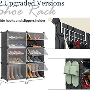 Aeitc 100 Pairs Shoe Rack Organizer Shoe Organizer Expandable Shoe Storage Cabinet Narrow Standing Stackable Space Saver Shoe Rack for Entryway, Closet with Hook and Side Shelf,Black