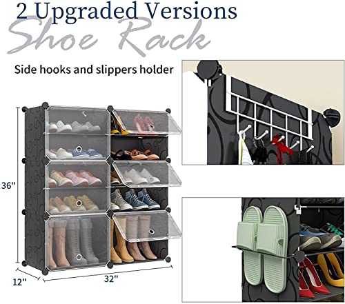 Aeitc 100 Pairs Shoe Rack Organizer Shoe Organizer Expandable Shoe Storage Cabinet Narrow Standing Stackable Space Saver Shoe Rack for Entryway, Closet with Hook and Side Shelf,Black