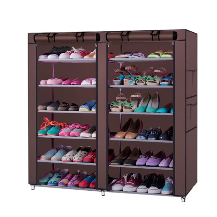 GOODSILO 6 Layer 12 Shelf Dual Rows Shoe Rack Shoe Storage Organizer Shoe Closet Cabinet with Fabric Cover for 36 Regular Size Pair Shoes, Bedroom, Wardrobe, Hallway, Entryway Coffee