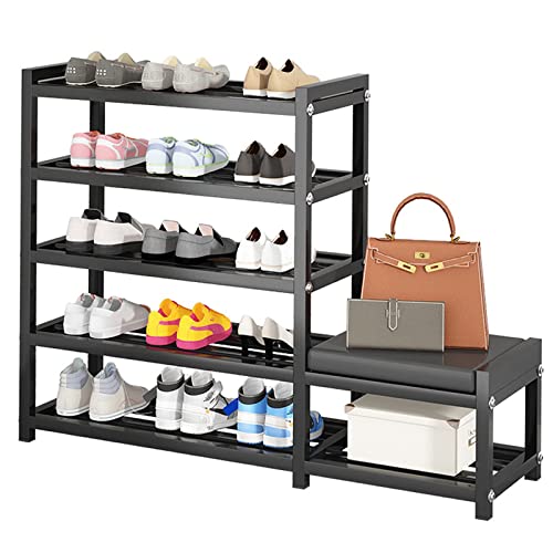 Metal Shoe Rack,Shoe Rack for Entryway, 5-Tier Shoe Rack Organizer,Free Standing Shoe Racks with Shoe Changing Stool, Black Shoe Shelf Organizer for Entryway Garage Bedroom …