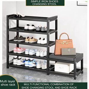 Metal Shoe Rack,Shoe Rack for Entryway, 5-Tier Shoe Rack Organizer,Free Standing Shoe Racks with Shoe Changing Stool, Black Shoe Shelf Organizer for Entryway Garage Bedroom …