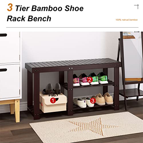 PayLessHere Bamboo Shoe Bench, Shoe Rack for Boots, Entryway Storage Organizer, 3-Tier Shoe Shelf, for Hallway, Bathroom, Living Room, Corridor, Black