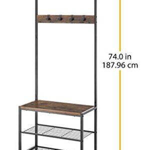 Whitmor Modern Industrial Entryway Coat Rack Hall Tree w/Shoe Storage, Rustic Brown