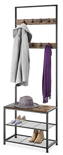 Whitmor Modern Industrial Entryway Coat Rack Hall Tree w/Shoe Storage, Rustic Brown