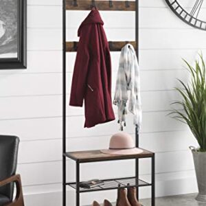 Whitmor Modern Industrial Entryway Coat Rack Hall Tree w/Shoe Storage, Rustic Brown