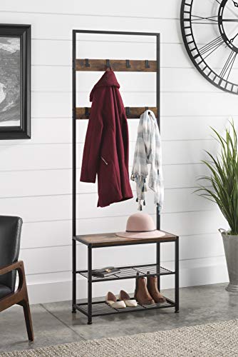 Whitmor Modern Industrial Entryway Coat Rack Hall Tree w/Shoe Storage, Rustic Brown