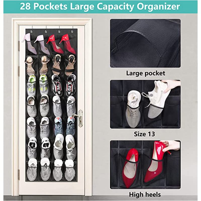 GENGXIN 28 Pockets Over The Door Shoe Organizer Hanging Narrow Closet Door, Door Large Capacity, Hanging Shoe Organizer for Closet Hanging Shoe Holder Hanger with 4 Metal Hooks