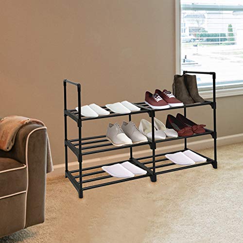 DazHom 3-Tier Shoe Rack, Shoe Storage Organizer Metal for Closet, Stackable Shoe Tower Racks Space Saving Shelf Sturdy Holds 12-15 Pairs for Living Room, Entryway, Hallway, Black