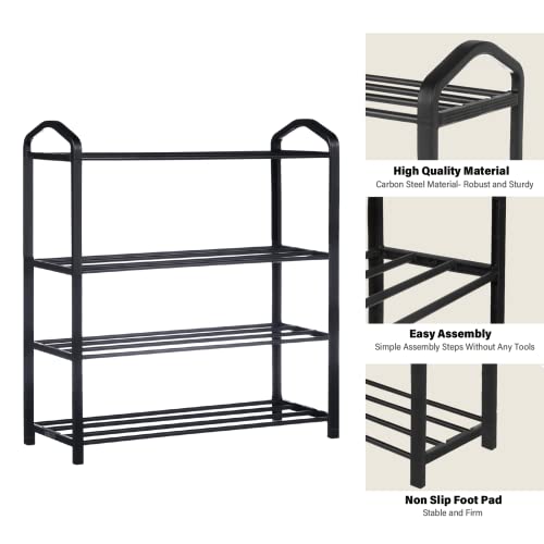 YSSOA 4-Tier Stackable Shoe Rack, 12-Pairs Sturdy Shoe Shelf Storage, Black Shoe Tower for Bedroom, Entryway, Hallway, and Closet