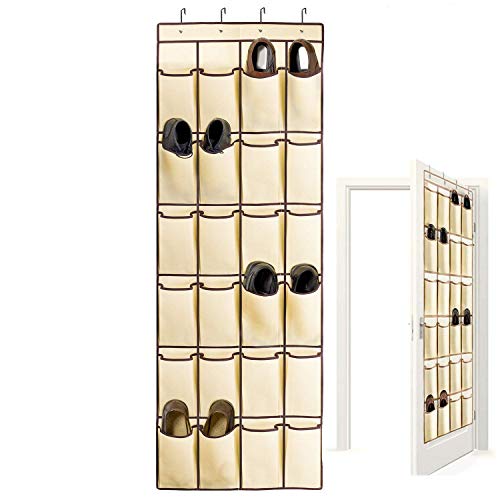 24 Pockets Over the Door Shoe Organizer Hanging Shoe Rack Large Fabric Pocket for Closet Accessory Storage, Hanging Shoe Hanger Organizer with 4 Hooks(Beige)