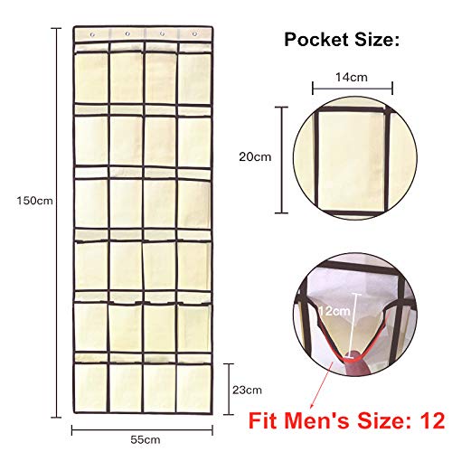 24 Pockets Over the Door Shoe Organizer Hanging Shoe Rack Large Fabric Pocket for Closet Accessory Storage, Hanging Shoe Hanger Organizer with 4 Hooks(Beige)