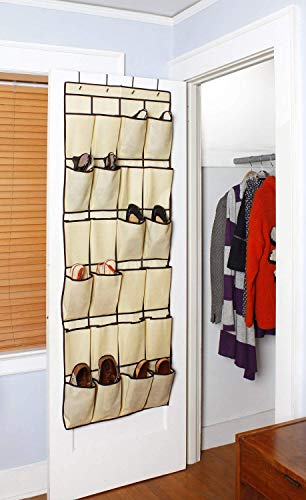 24 Pockets Over the Door Shoe Organizer Hanging Shoe Rack Large Fabric Pocket for Closet Accessory Storage, Hanging Shoe Hanger Organizer with 4 Hooks(Beige)