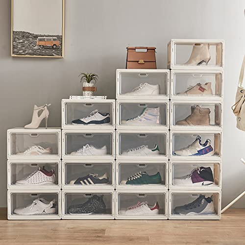 VOKEEH 3 pack Large Shoe Organizer, Stackable Plastic Shoe Storage Boxes for Closet, Multi-Role Shoe Rack with Clear Door, Easy Assembly for Display Sneakers, Fit Shoe Size Up to US Men 14, Women 15