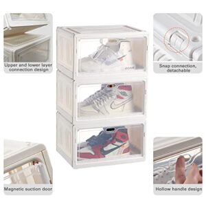 VOKEEH 3 pack Large Shoe Organizer, Stackable Plastic Shoe Storage Boxes for Closet, Multi-Role Shoe Rack with Clear Door, Easy Assembly for Display Sneakers, Fit Shoe Size Up to US Men 14, Women 15