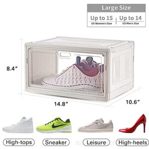 VOKEEH 3 pack Large Shoe Organizer, Stackable Plastic Shoe Storage Boxes for Closet, Multi-Role Shoe Rack with Clear Door, Easy Assembly for Display Sneakers, Fit Shoe Size Up to US Men 14, Women 15