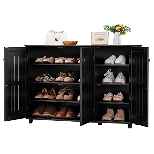 Topeakmart Shoe Rack Frees Standing Storage Organizer 4 Tier Shoe Shelf Storage Louvered Door Entryway Hallway Furniture for Living Room Bathroom Black