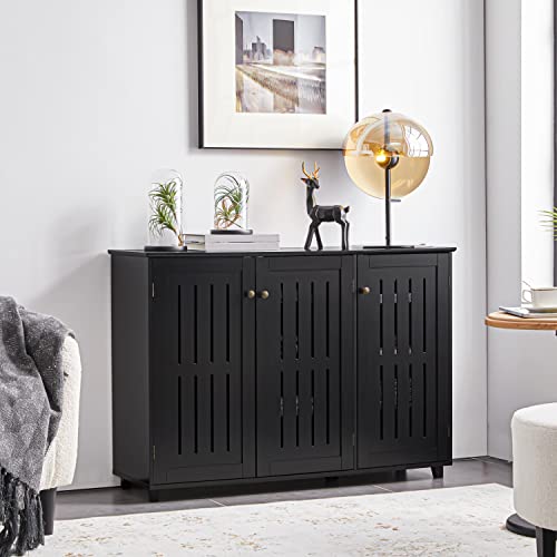 Topeakmart Shoe Rack Frees Standing Storage Organizer 4 Tier Shoe Shelf Storage Louvered Door Entryway Hallway Furniture for Living Room Bathroom Black