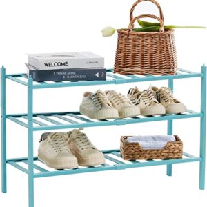 quiseolu Bamboo Shoe Rack 3 Tier Stackable Shoe Shelf 1 + 2 Tier Small Shoe Racks DIY Free Standing Shoe Stand for Closet Entryway Bedroom Floor Dorm Green Shoe Organizer D11 * W27.2 * H18.3 Inches