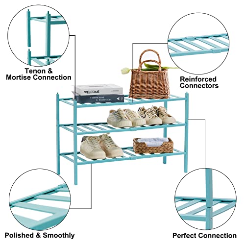 quiseolu Bamboo Shoe Rack 3 Tier Stackable Shoe Shelf 1 + 2 Tier Small Shoe Racks DIY Free Standing Shoe Stand for Closet Entryway Bedroom Floor Dorm Green Shoe Organizer D11 * W27.2 * H18.3 Inches