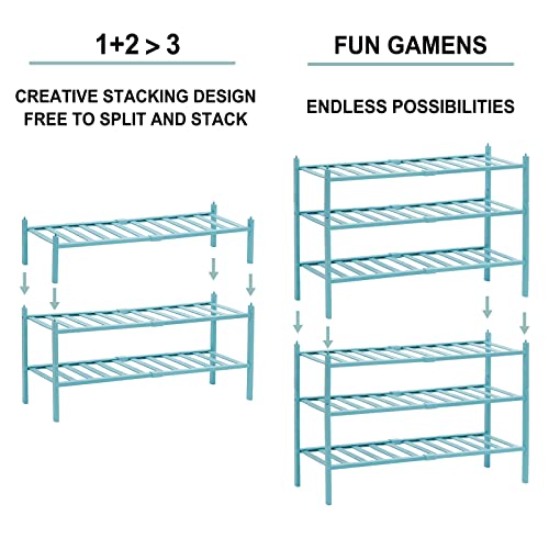 quiseolu Bamboo Shoe Rack 3 Tier Stackable Shoe Shelf 1 + 2 Tier Small Shoe Racks DIY Free Standing Shoe Stand for Closet Entryway Bedroom Floor Dorm Green Shoe Organizer D11 * W27.2 * H18.3 Inches