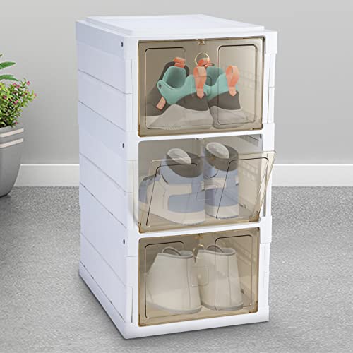 Shoe Storage Boxes Clear Plastic Folding Shoe Box Storage Containers, 3 Layers Shoe Box Organizer for Women Men Plastic Dustproof for Sneaker, Heel, Sandal, White