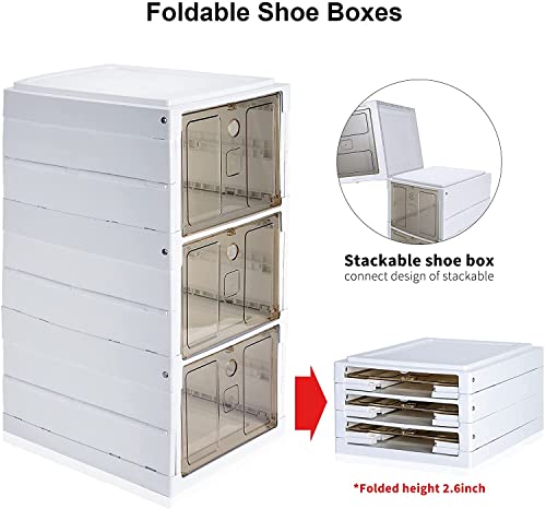 Shoe Storage Boxes Clear Plastic Folding Shoe Box Storage Containers, 3 Layers Shoe Box Organizer for Women Men Plastic Dustproof for Sneaker, Heel, Sandal, White