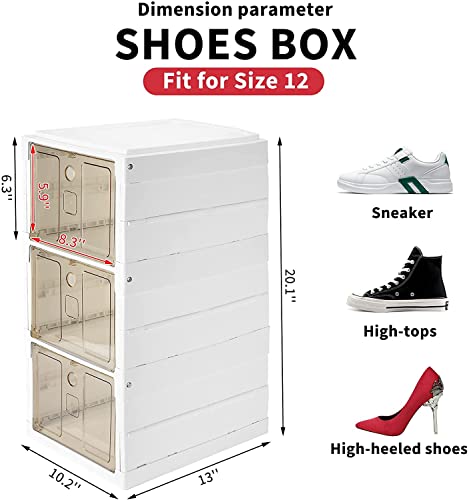 Shoe Storage Boxes Clear Plastic Folding Shoe Box Storage Containers, 3 Layers Shoe Box Organizer for Women Men Plastic Dustproof for Sneaker, Heel, Sandal, White