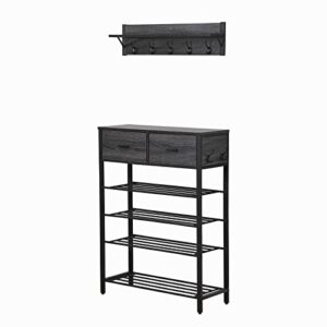 DKLGG Metal Shoe Rack with Coat Rack, Industrial 4-Tier Shoe Storage Organizer with Drawers for 12 Pairs, Shoe Shelf with Hooks & Adjustable Feet, Free Standing Shoe Racks for Entryway, Hallway(Black)