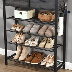 DKLGG Metal Shoe Rack with Coat Rack, Industrial 4-Tier Shoe Storage Organizer with Drawers for 12 Pairs, Shoe Shelf with Hooks & Adjustable Feet, Free Standing Shoe Racks for Entryway, Hallway(Black)