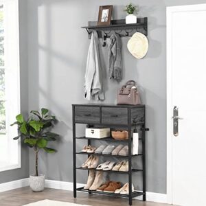 DKLGG Metal Shoe Rack with Coat Rack, Industrial 4-Tier Shoe Storage Organizer with Drawers for 12 Pairs, Shoe Shelf with Hooks & Adjustable Feet, Free Standing Shoe Racks for Entryway, Hallway(Black)