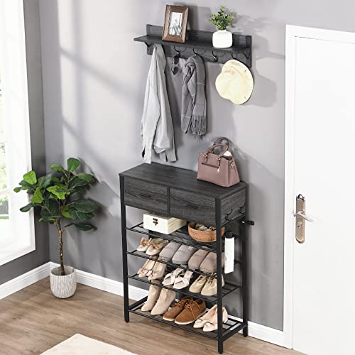 DKLGG Metal Shoe Rack with Coat Rack, Industrial 4-Tier Shoe Storage Organizer with Drawers for 12 Pairs, Shoe Shelf with Hooks & Adjustable Feet, Free Standing Shoe Racks for Entryway, Hallway(Black)