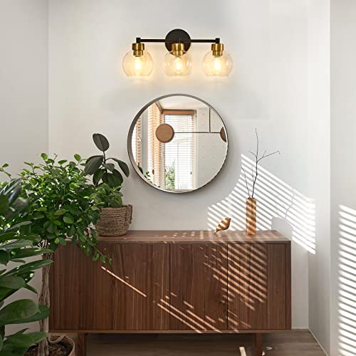 yenlacy Bathroom Light Fixtures, Black and Gold 3 Light Bathroom Vanity Light, Bathroom Lights Over Mirror with Globe Glass Shade and Metal Base, Vanity Lights for Bathroom, Stairs, Kitchen