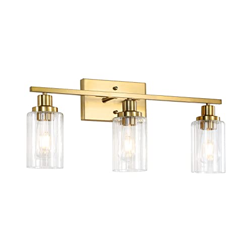 Jonsi Gold Bathroom Light Fixtures, 3 Light Brushed Gold Bathroom Vanity Lights with Fluted Glass Shade, Modern Gold Bathroom Lights Over Mirror, Vanity Lighting Fixtures, 23.5" W x 10.7" H