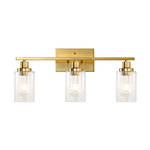 Jonsi Gold Bathroom Light Fixtures, 3 Light Brushed Gold Bathroom Vanity Lights with Fluted Glass Shade, Modern Gold Bathroom Lights Over Mirror, Vanity Lighting Fixtures, 23.5" W x 10.7" H