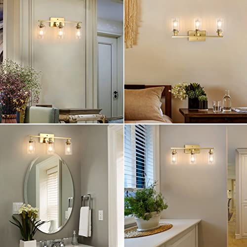 Jonsi Gold Bathroom Light Fixtures, 3 Light Brushed Gold Bathroom Vanity Lights with Fluted Glass Shade, Modern Gold Bathroom Lights Over Mirror, Vanity Lighting Fixtures, 23.5" W x 10.7" H