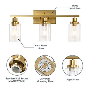 Jonsi Gold Bathroom Light Fixtures, 3 Light Brushed Gold Bathroom Vanity Lights with Fluted Glass Shade, Modern Gold Bathroom Lights Over Mirror, Vanity Lighting Fixtures, 23.5" W x 10.7" H