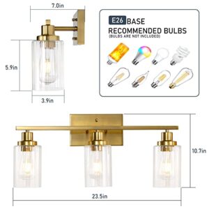 Jonsi Gold Bathroom Light Fixtures, 3 Light Brushed Gold Bathroom Vanity Lights with Fluted Glass Shade, Modern Gold Bathroom Lights Over Mirror, Vanity Lighting Fixtures, 23.5" W x 10.7" H