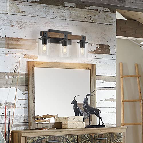 DRNANLIT Wood Vanity Lights,3-Light Farmhouse Bathroom Lighting Fixtures with Clear Glass Shade,Industrial Vintage Rustic Wall Lamp for Bedroom,Living Room,Hallway (3-Light, Antique Wood)