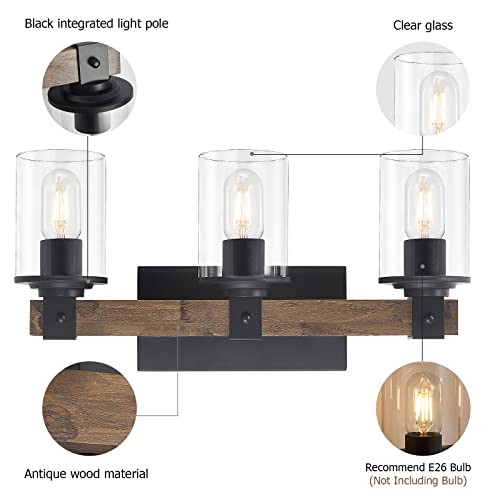 DRNANLIT Wood Vanity Lights,3-Light Farmhouse Bathroom Lighting Fixtures with Clear Glass Shade,Industrial Vintage Rustic Wall Lamp for Bedroom,Living Room,Hallway (3-Light, Antique Wood)