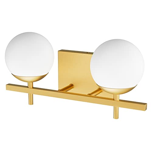 Ralbay Mid Century Modern Gold Vanity Light 2-Light Mid Century Modern Bathroom Light Fixture Gold Milky Glass Ball Bathroom Wall Light Fixtures