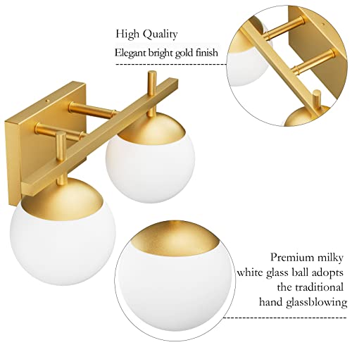 Ralbay Mid Century Modern Gold Vanity Light 2-Light Mid Century Modern Bathroom Light Fixture Gold Milky Glass Ball Bathroom Wall Light Fixtures