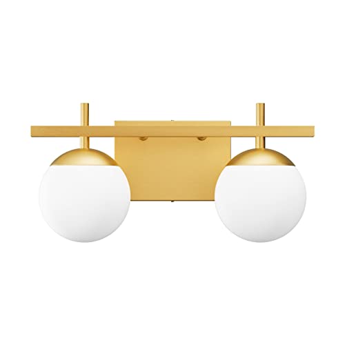 Ralbay Mid Century Modern Gold Vanity Light 2-Light Mid Century Modern Bathroom Light Fixture Gold Milky Glass Ball Bathroom Wall Light Fixtures